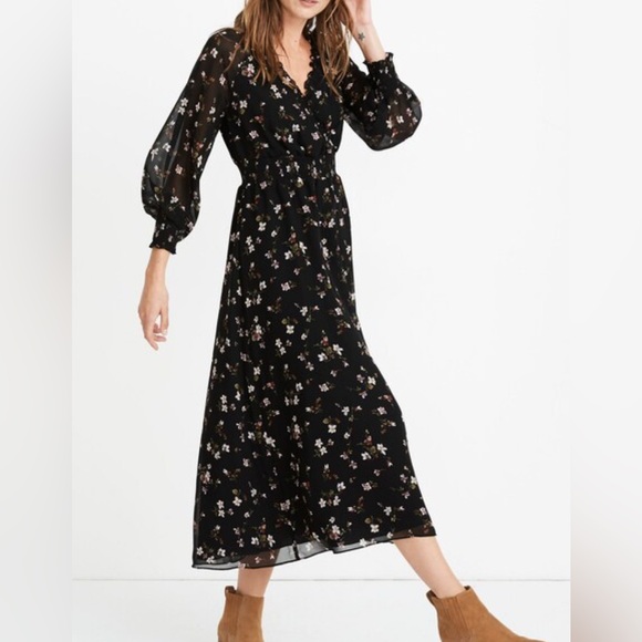 Madewell Dresses & Skirts - Madewell Backyard Blooms Black Floral Long Sleeve Dress XS
